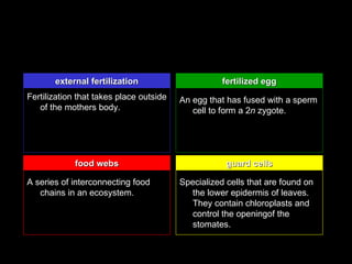 external fertilization                       fertilized egg
Fertilization that takes place outside   An egg that has fused with a sperm
   of the mothers body.                     cell to form a 2n zygote.




             food webs                               guard cells

A series of interconnecting food         Specialized cells that are found on
   chains in an ecosystem.                  the lower epidermis of leaves.
                                            They contain chloroplasts and
                                            control the openingof the
                                            stomates.
 