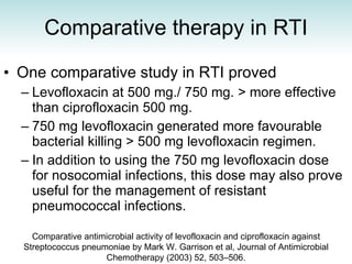 Comparative therapy in RTI One comparative study in RTI proved  Levofloxacin at 500 mg./ 750 mg. > more effective than ciprofloxacin 500 mg.  750 mg levofloxacin generated more favourable bacterial killing > 500 mg levofloxacin regimen.  In addition to using the 750 mg levofloxacin dose for nosocomial infections, this dose may also prove useful for the management of resistant pneumococcal infections. Comparative antimicrobial activity of levofloxacin and ciprofloxacin against Streptococcus pneumoniae by Mark W. Garrison et al, Journal of Antimicrobial Chemotherapy (2003) 52, 503–506. 