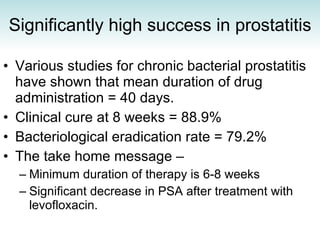 Significantly high success in prostatitis Various studies f or chronic bacterial prostatitis have shown that mean duration of drug administration = 40 days.  Clinical cure at 8 weeks = 88.9% Bacteriological eradication rate = 79.2%  The take home message – Minimum duration of therapy is 6-8 weeks Significant decrease in PSA after treatment with levofloxacin. 