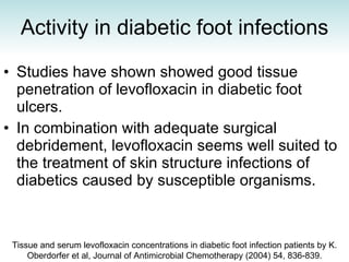 Activity in diabetic foot infections Studies have shown showed good tissue penetration of levofloxacin in diabetic foot ulcers.  In combination with adequate surgical debridement, levofloxacin seems well suited to the treatment of skin structure infections of diabetics caused by susceptible organisms. Tissue and serum levofloxacin concentrations in diabetic foot infection patients by K. Oberdorfer et al, Journal of Antimicrobial Chemotherapy (2004) 54, 836-839. 