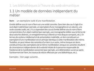 1. Les bibliothèques à l’heure du web sémantique
1.1 Un modèle de données indépendant du
métier
Item : un exemplaire isolé d’une manifestation.
L’entitédéfiniesouslenomd’itemestuneentitéconcrète.Dansbiendescasils’agitd’un
seulobjetmatériel(parexemple,unexemplaired’unemonographieenunvolume,une
seulecassetteaudio,etc.).Ilyacependantdescasoùl’entitédéfiniesouslenomd’item
comprendplusd’unobjetmatériel(parexemple,unemonographieéditéesouslaformede
deuxvolumesdistincts,unenregistrementquis’étendsurtroisdisquescompacts,etc.).En
termesdecontenuintellectueletdeprésentationmatérielle,unitemconstituantun
exemplaired’unemanifestationestenprincipeidentiqueàcettemanifestationelle-même.
Toutefois,onpeutreleverdesvariantesd’unitemàunautre,mêmelorsquecesitems
constituenttousdesexemplairesdelamêmemanifestation,lorsquecesvariantesrésultent
decirconstancesindépendantesdelavolontéinitialedelapersonneresponsablede
l’existencedelamanifestationconcernée(parexemple,unedétériorationsurvenueaprès
l’achèvementdel’item,lestravauxdereliureeffectuésparunebibliothèque,etc.).
Exemples : Voir page suivante.
TOSCA CONSULTANTS 2220 juin 2018
 