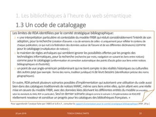1. Les bibliothèques à l’heure du web sémantique
1.3 Un code de catalogage
Leslimites deRDAidentifiées parlecomité stratégique bibliographique:
o «uneinterprétation particulière etcontestabledumodèleFRBR quiréduitconsidérablement l’intérêtdeson
adoption,pourlarecherche (créationd’œuvres»oudeversionsdecelles-ciuniquement pourrefléterlecontenude
chaquepublication,cequinuitàlafédérationdesdonnéesautourdel’œuvreetdesesdifférentesdéclinaisons) comme
pourlecatalogage(multiplicationdenotices);
o lemaintienderèglesarchaïquesquisemblentignorer lespossibilitésoffertes parlesprogrès des
technologies informatiques, pourlarecherche (recherche parmots,navigation ensuivantlesliensentrenotices)
commepourlecatalogage(uniformisationetcorrectionautomatiquedespointsd’accèsgrâceauxliensentrenotices
bibliographiquesetd’autorité);
o unpointdevueanglo-américain prédominant quinetientcomptenidesréalitéshistoriquesouculturelles
desautrespays(parexemple:formedesnoms,traditionjuridique)nideleursbesoins (identification précisedesnoms
géographiques).
Enoutre, RDAprévoit plusieursscénarios possiblesd’implémentation quiautorisent uneutilisationducodeaussi
biendansdescataloguestraditionnelsdenoticesMARC,mêmesansliensentreelles,qu’enallantversuneréelle
miseenœuvredumodèleFRBR, avecdesdonnées liéesdécrivant lesdifférentesentitésdumodèle(etencodées
selonlesstandardsduWeb,RDFenparticulier).Seulcedernier scénario (désignécommelescénario1d’implémentationdeRDA)est
réellement novateuretconstitueunprogrès pourlescataloguesdesbibliothèquesfrançaises. »
Pour approfondir l’analyse faite par l’ABES et la B.n.F., consulter le rapport d’orientation pour le comité stratégique bibliographique (PDF, 29 p.)
TOSCA CONSULTANTS 3120 juin 2018
 