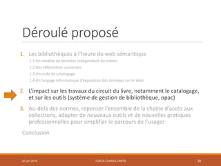 Déroulé proposé
1. Les bibliothèques à l’heure du web sémantique
1.1 Un modèle de données indépendant du métier
1.2 Des référentiels universels
1.3 Un code de catalogage
1.4 Un langage informatique d’exposition des données sur le Web
2. L’impact sur les travaux du circuit du livre, notamment le catalogage,
et sur les outils (système de gestion de bibliothèque, opac)
3. Au-delà des normes, repenser l’ensemble de la chaîne d’accès aux
collections, adopter de nouveaux outils et de nouvelles pratiques
professionnelles pour simplifier le parcours de l’usager
Conclusion
TOSCA CONSULTANTS 3920 juin 2018
 