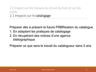 2.L’impactsur les travauxducircuit dulivre et sur les
outils
2.1 Impacts sur le catalogage
TOSCA CONSULTANTS 41
Préparer dès à présent la future FRBRisation du catalogue
1. En adaptant les pratiques de catalogage
2. En récupérant des notices d’une agence
bibliographique
Préparer ce que sera le travail du catalogueur dans 5 ans
20 juin 2018
 