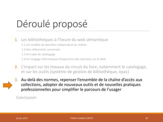 Déroulé proposé
1. Les bibliothèques à l’heure du web sémantique
1.1 Un modèle de données indépendant du métier
1.2 Des référentiels universels
1.3 Un code de catalogage
1.4 Un langage informatique d’exposition des données sur le Web
2. L’impact sur les travaux du circuit du livre, notamment le catalogage,
et sur les outils (système de gestion de bibliothèque, opac)
3. Au-delà des normes, repenser l’ensemble de la chaîne d’accès aux
collections, adopter de nouveaux outils et de nouvelles pratiques
professionnelles pour simplifier le parcours de l’usager
Conclusion
TOSCA CONSULTANTS 6120 juin 2018
 