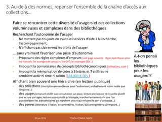 20 juin 2018 64
Faire se rencontrer cette diversité d’usagers et ces collections
volumineuses et complexes dans des bibliothèques
Recherchant l’autonomie de l’usager
• Ne mettant pas toujours en avant les services d’aide à la recherche,
l’accompagnement,
• N’affichant pas clairement les droits de l’usager
… sans vraiment favoriser une prise d’autonomie
• Proposant des règles complexes d’emprunt (voir page suivante : règles spécifiques pour
les manuels, les ouvrages de concours, les DVD, les ouvrages ECN…)
• Imposant la connaissance de concepts bibliothéconomiques (collections, sujet )
• Imposant la mémorisation de cotes à 3 lettres et 7 chiffres ne
semblent avoir ni rime ni raison (658.403 8 TOS )
Affichant bien souvent une hiérarchie (en lecture publique)
• des collections (inscription plus coûteuse pour l’audiovisuel, probablement moins noble que
l’imprimé…)
• des usages (emprunt plutôt que consultation sur place, lecture silencieuse et recueillie plutôt
que lecture partagée; lecture assise plutôt qu’allongée, marcher lentement afin que l’on
puisse repérer les bibliothécaires qui marchent vite et qui refusent le port d’un badge…)
• des genres (littérature / fiction, documentaires / fiction, BD contingentées à l’emprunt…)
A-t-on pensé
les
bibliothèques
pour les
usagers ?
3. Au-delà des normes, repenser l’ensemble de la chaîne d’accès aux
collections…
TOSCA CONSULTANTS
 