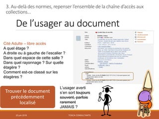 De l’usager au document
20 juin 2018 79
Trouver le document
précédemment
localisé
3. Au-delà des normes, repenser l’ensemble de la chaîne d’accès aux
collections…
Cité Adulte – libre accès
A quel étage ?
A droite ou à gauche de l’escalier ?
Dans quel espace de cette salle ?
Dans quel rayonnage ? Sur quelle
étagère ?
Comment est-ce classé sur les
étagères ?
L’usager averti
s’en sort toujours
souvent, parfois
rarement
JAMAIS ?
TOSCA CONSULTANTS
 