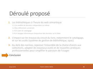 Déroulé proposé
1. Les bibliothèques à l’heure du web sémantique
1.1 Un modèle de données indépendant du métier
1.2 Des référentiels universels
1.3 Un code de catalogage
1.4 Un langage informatique d’exposition des données sur le Web
2. L’impact sur les travaux du circuit du livre, notamment le catalogage,
et sur les outils (système de gestion de bibliothèque, opac)
3. Au-delà des normes, repenser l’ensemble de la chaîne d’accès aux
collections, adopter de nouveaux outils et de nouvelles pratiques
professionnelles pour simplifier le parcours de l’usager
Conclusion
TOSCA CONSULTANTS 8520 juin 2018
 