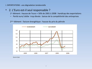 I. EXPORTATIONS : une dégradation tendancielle 2. L’Euro est-il seul responsable ? 1 er  élément : hausse de l’euro + 50% de 2001 à 2008 : handicap des exportations Parité euro/ dollar  trop élevée : baisse de la compétitivité des entreprises 2 ème  élément : facture énergétique : hausse du prix du pétrole Source Insee 4 
