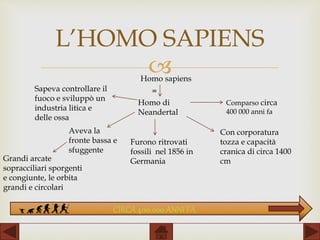 
L’HOMO SAPIENSL’HOMO SAPIENS
Homo sapiens
=
Homo di
Neandertal
Comparso circa
400 000 anni fa
Furono ritrovati
fossili nel 1856 in
Germania
Con corporatura
tozza e capacità
cranica di circa 1400
cm
Aveva la
fronte bassa e
sfuggente
Grandi arcate
sopracciliari sporgenti
e congiunte, le orbita
grandi e circolari
Sapeva controllare il
fuoco e sviluppò un
industria litica e
delle ossa
CIRCA400.000 ANNI FA
 