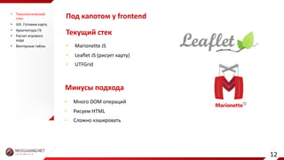• Marionette	JS	
• Leaflet JS	(рисует	карту)
• UTFGrid
Текущий	стек
Минусы	подхода
• Много	DOM	операций
• Рисуем	HTML
• Сложно	кэшировать
Под	капотом	у	frontend• Технологический	
стек
• GIS.	Готовим	карту
• Архитектура	ГК
• Расчет	игрового	
хода
• Векторные	тайлы
12
 