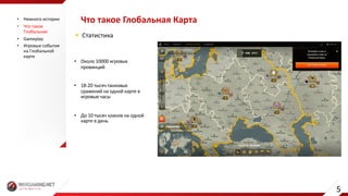 Что	такое	Глобальная	Карта• Немного	истории
• Что	такое	
Глобальная
• Gameplay
• Игровые	события	
на	Глобальной	
карте
§ Статистика
• Около	10000	игровых	
провинций	
• 18-20 тысяч	танковых	
сражений	на	одной	карте	в	
игровые	часы
• До	10 тысяч	кланов	на	одной	
карте	в	день
5
 