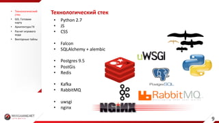 Технологический	стек
• Python	2.7
• JS	
• CSS
• Falcon
• SQLAlchemy +	alembic
• Postgres	9.5
• PostGis
• Redis
• Kafka
• RabbitMQ
• uwsgi
• nginx
• Технологический	
стек
• GIS.	Готовим	
карту
• Архитектура	ГК
• Расчет	игрового	
хода
• Векторные	тайлы
9
 