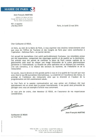 Le Vrai Paris - Courrier Remerciements - Opération Delicious Paris
