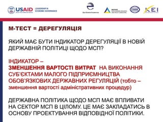М-ТЕСТ = ДЕРЕГУЛЯЦІЯ
ЯКИЙ МАЄ БУТИ ІНДИКАТОР ДЕРЕГУЛЯЦІЇ В НОВІЙ
ДЕРЖАВНІЙ ПОЛІТИЦІ ЩОДО МСП?
ІНДИКАТОР –
ЗМЕНШЕННЯ ВАРТОСТІ ВИТРАТ НА ВИКОНАННЯ
СУБ’ЄКТАМИ МАЛОГО ПІДПРИЄМНИЦТВА
ОБОВ’ЯЗКОВИХ ДЕРЖАВНИХ РЕГУЛЯЦІЙ (тобто –
зменшення вартості адміністративних процедур)
ДЕРЖАВНА ПОЛІТИКА ЩОДО МСП МАЄ ВПЛИВАТИ
НА СЕКТОР МСП В ЦІЛОМУ. ЦЕ МАЄ ЗАКЛАДАТИСЬ В
ОСНОВУ ПРОЕКТУВАННЯ ВІДПОВІДНОЇ ПОЛІТИКИ.
 