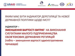 ЯКИМ МАЄ БУТИ ІНДИКАТОР ДЕРЕГУЛЯЦІЇ ТА НОВОЇ
ДЕРЖАВНОЇ ПОЛІТИКИ ЩОДО МСП?
ІНДИКАТОР –
ЗМЕНШЕННЯ ВАРТОСТІ ВИТРАТ НА ВИКОНАННЯ
СУБ’ЄКТАМИ МАЛОГО ПІДПРИЄМНИЦТВА
ОБОВ’ЯЗКОВИХ ДЕРЖАВНИХ РЕГУЛЯЦІЙ
(тобто – зменшення вартості адміністративних
процедур)
 
