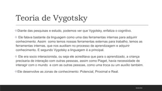 Teoria de Vygotsky
Diante das pesquisas e estudo, podemos ver que Vygotsky, enfatiza o cognitivo.
 Ele falava bastante da linguagem como uma das ferramentas internas para adquirir
conhecimento. Assim como temos nossas ferramentas externas para trabalho, temos as
ferramentas internas, que nos auxiliam no processo de aprendizagem e adquirir
conhecimento. E segundo Vygotsky a linguagem é a principal.
 Ele era socio interacionista, ou seja ele acreditava que para o aprendizado, a criança
precisaria de interação com outras pessoas, assim como Piaget, havia necessidade de
interagir com o mundo e com as outras pessoas, como uma troca ou um auxílio também.
Ele desenvolve as zonas de conhecimento: Potencial, Proximal e Real.
05/03/2023
 