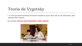 Teoria de Vygotsky
 A zona de desenvolvimento Proximal é aquela na qual o aluno ele vai ser estimulado, para
alcançar fazer sozinho.
Um exemplo: O aluno será estimulado a fazer sozinho.
05/03/2023
 