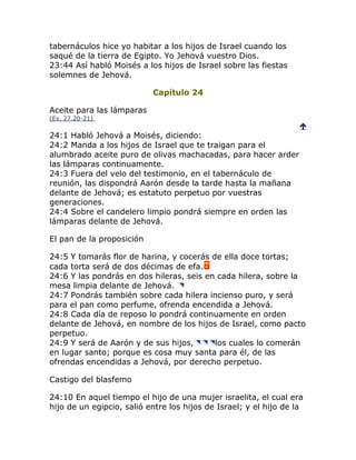 tabernáculos hice yo habitar a los hijos de Israel cuando los
saqué de la tierra de Egipto. Yo Jehová vuestro Dios.
23:44 Así habló Moisés a los hijos de Israel sobre las fiestas
solemnes de Jehová.

                           Capítulo 24

Aceite para las lámparas
(Ex. 27.20-21)
                                                                   
24:1 Habló Jehová a Moisés, diciendo:
24:2 Manda a los hijos de Israel que te traigan para el
alumbrado aceite puro de olivas machacadas, para hacer arder
las lámparas continuamente.
24:3 Fuera del velo del testimonio, en el tabernáculo de
reunión, las dispondrá Aarón desde la tarde hasta la mañana
delante de Jehová; es estatuto perpetuo por vuestras
generaciones.
24:4 Sobre el candelero limpio pondrá siempre en orden las
lámparas delante de Jehová.

El pan de la proposición

24:5 Y tomarás flor de harina, y cocerás de ella doce tortas;
cada torta será de dos décimas de efa.
24:6 Y las pondrás en dos hileras, seis en cada hilera, sobre la
mesa limpia delante de Jehová.
24:7 Pondrás también sobre cada hilera incienso puro, y será
para el pan como perfume, ofrenda encendida a Jehová.
24:8 Cada día de reposo lo pondrá continuamente en orden
delante de Jehová, en nombre de los hijos de Israel, como pacto
perpetuo.
24:9 Y será de Aarón y de sus hijos,      los cuales lo comerán
en lugar santo; porque es cosa muy santa para él, de las
ofrendas encendidas a Jehová, por derecho perpetuo.

Castigo del blasfemo

24:10 En aquel tiempo el hijo de una mujer israelita, el cual era
hijo de un egipcio, salió entre los hijos de Israel; y el hijo de la
 