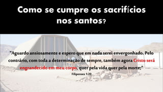 Como se cumpre os sacrifícios
nos santos?
“Aguardoansiosamentee espero que em nada sereienvergonhado. Pelo
contrário,com toda a determinaçãode sempre, também agoraCristo será
engrandecidoem meu corpo,quer pela vida quer pela morte;”
Filipenses 1:20
 