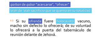 Si su ofrenda fuere holocausto vacuno,
macho sin defecto lo ofrecerá; de su voluntad
lo ofrecerá a la puerta del tabernáculo de
reunión delante de Jehová.
ofrenda holocausto
qarban de qabar “acercarse”, “ofrecer”
‘olah de ‘alah sacrificio que se quema en su totalidad
 