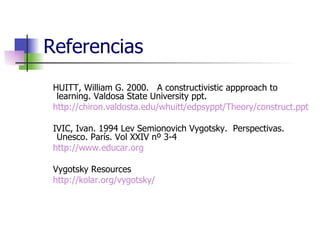 Referencias HUITT, William G. 2000.  A constructivistic appproach to learning. Valdosa State University ppt. http ://chiron.valdosta.edu/whuitt/edpsyppt/Theory/construct.ppt IVIC, Ivan. 1994 Lev Semionovich Vygotsky.  Perspectivas. Unesco. París. Vol XXIV nº 3-4 http://www.educar.org Vygotsky Resources http://kolar.org/vygotsky/ 