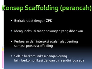  Berkait rapat dengan ZPD


 Mengubahsuai tahap sokongan yang diberikan


 Perbualan dan interaksi adalah alat penting
  semasa proses scaffolding

 Selain berkomunikasi dengan orang
  lain, berkomunikasi dengan diri sendiri juga ada
 