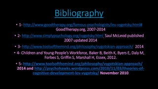 Bibliography 
• 1- http://www.goodtherapy.org/famous-psychologists/lev-vygotsky.html# 
GoodTherapy.org, 2007-2014 
• 2- http://www.simplypsychology.org/vygotsky.html Saul McLeod published 
2007 updated 2014 
• 3- http://www.toolsofthemind.org/philosophy/vygotskian-approach/ 2014 
• 4- Children and Young People’s Workforce, Baker B, Beith K, Byers E, Daly M, 
Forbes S, Griffin S, Marshall H, Essex, 2012. 
• 5- http://www.toolsofthemind.org/philosophy/vygotskian-approach/ 
2014 and http://psychohawks.wordpress.com/2010/11/03/theories-of-cognitive- 
development-lev-vygotsky/ November 2010 
