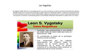 Lev Vygotsky
Lev Vygotsky [1896-1934], fue un psicólogo pionero ruso, más conocido por su teoría sociocultural del desarrollo cognitivo,
defendió la idea que la interacción social juega un papel crítico en el aprendizaje infantil. A través de la interacción social
los niños atraviesan un proceso continuo de aprendizaje, Vygotsky que observó cómo la cultura influye profundamente en
este proceso, la imitación, el aprendizaje guiado y el aprendizaje colaborativo desempeñan un papel crítico en su teoría.
 