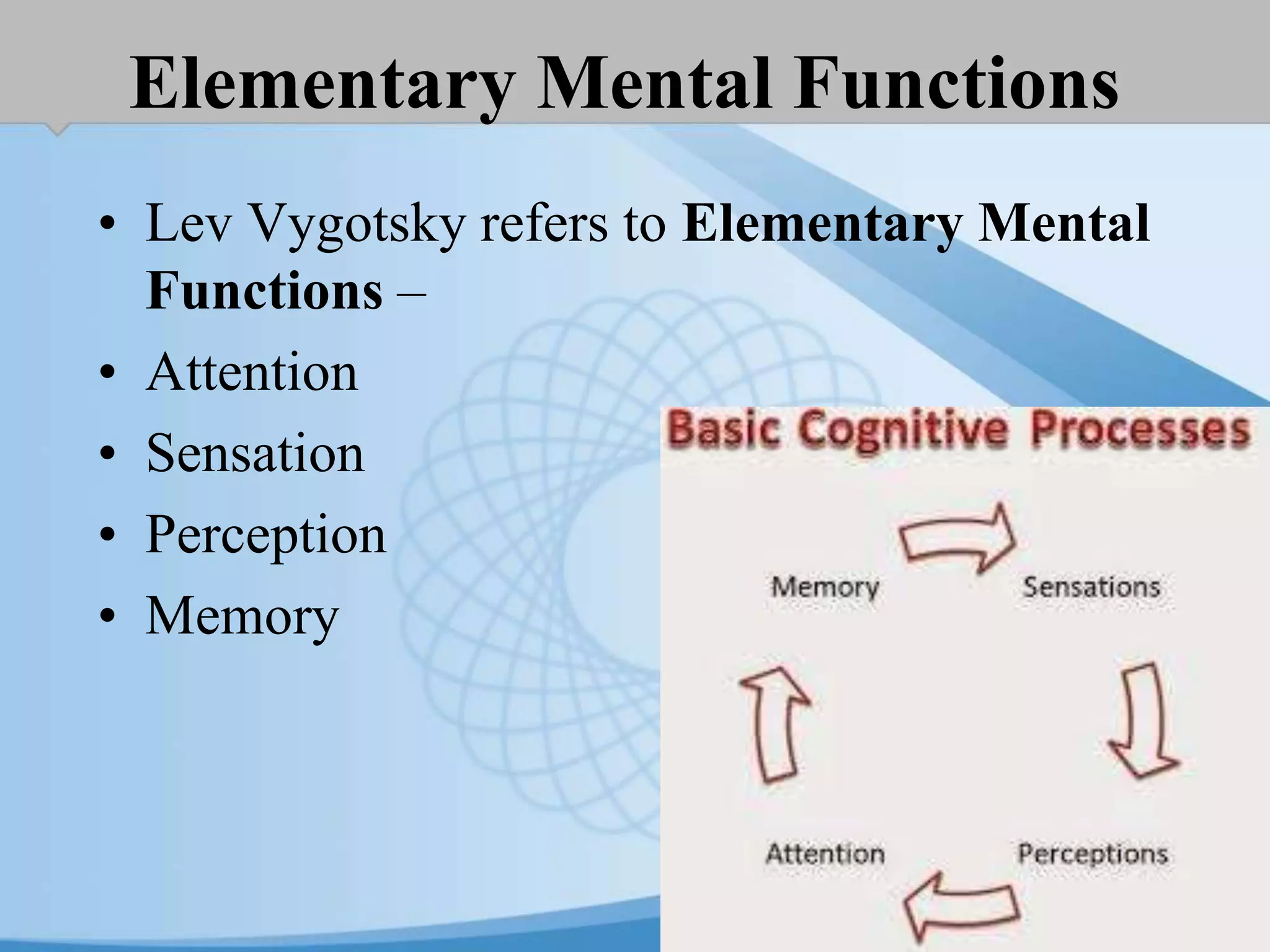 Elementary Mental Functions
• Lev Vygotsky refers to Elementary Mental
Functions –
• Attention
• Sensation
• Perception
• Memory
 
