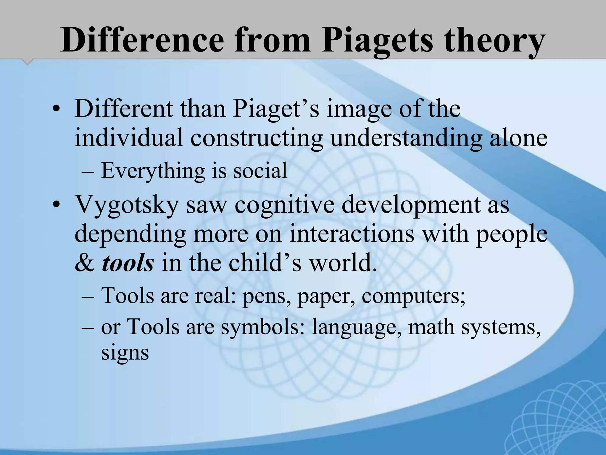 Difference from Piagets theory
• Different than Piaget’s image of the
individual constructing understanding alone
– Everything is social
• Vygotsky saw cognitive development as
depending more on interactions with people
& tools in the child’s world.
– Tools are real: pens, paper, computers;
– or Tools are symbols: language, math systems,
signs
 