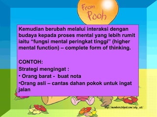 Kemudian berubah melalui interaksi dengan budaya kepada proses mental yang lebih rumit iaitu “fungsi mental peringkat tinggi” (higher mental function) – complete form of thinking. CONTOH:  Strategi mengingat : Orang barat -  buat nota Orang asli – cantas dahan pokok untuk ingat jalan 