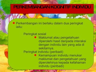 PERKEMBANGAN KOGNITIF INDIVIDU Perkembangan ini berlaku dalam dua peringkat iaitu: Peringkat sosial Maklumat atau pengetahuan diperolehi hasil daripada interaksi dengan individu lain yang ada di sekitarnya. Peringkat individu (peribadi) Kemampuan individu menukar maklumat dan pengetahuan yang diperolehinya kepada kefahaman individu (peribadi) 