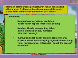 Contohnya:  Mengarahkan perhatian / pemikiran   kanak-kanak kepada fakta-fakta  penting. Memberi klu-klu yang penting dalam   satu-satu masalah atau memberi   alternatif / strategi. Kemudian kanak-kanak akan mencontohi cara / proses /bentuk pemikiran yang digunakan oleh orang yang  membantunya. (internalize / adopt  the proses/ technique)  Bantuan dalam proses pembelajaran kanak-kanak patut dikurangkan & akhirnya tiada langsung apabila kanak-kanak suah mahir atau sudah boleh buat sendiri. 