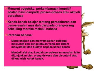 Menurut vygotsky, perkembangan kognitif adalah hasil daripada proses-proses atau aktiviti berbahasa Kanak-kanak belajar tentang persekitaran dan penyelesaian masalah daripada orang-orang sekeliling mereka melalui bahasa Peranan bahasa: Menerangkan dan menyampaikan pelbagai maklumat dan pengetahuan yang ada dalam masyarakat dan budaya kepada kanak-kanak Menjadi alat atau kaedah penyelesaian masalah iaitu ditunjukkan oleh orang dewasa dan dicontohi atau diikuti oleh kanak-kanak. 