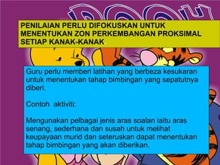 . Latihan yang berbeza kesukaran pada murid. Guru perlu memberi latihan yang berbeza kesukaran untuk menentukan tahap bimbingan yang sepatutnya diberi. Contoh  aktiviti: Mengunakan pelbagai jenis aras soalan iaitu aras senang, sederhana dan susah untuk melihat keupayaan murid dan seteruskan dapat menentukan tahap bimbingan yang akan diberikan. PENILAIAN PERLU DIFOKUSKAN UNTUK MENENTUKAN ZON PERKEMBANGAN PROKSIMAL SETIAP KANAK-KANAK . 