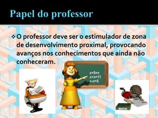 O professor deve ser o estimulador de zona 
de desenvolvimento proximal, provocando 
avanços nos conhecimentos que ainda não 
conheceram. 
 
