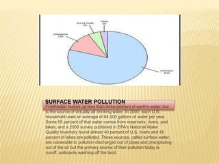 Surface Water PollutionFreshwater makes up less than three percent of earth's water, but is the source of virtually all drinking water. In 2002, each U.S. household used an average of 94,000 gallons of water per year. Some 55 percent of that water comes from reservoirs, rivers, and lakes, and a 2000 survey published in EPA's National Water Quality Inventory found almost 40 percent of U.S. rivers and 45 percent of lakes are polluted. These sources, called surface water, are vulnerable to pollution discharged out of pipes and precipitating out of the air but the primary source of their pollution today is runoff, pollutants washing off the land. 