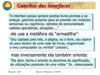 Ganchos das interfaces ele usa a metáfora da “armadilha”: Març o de . 2005 Marcos L Mucheroni - CEDUS “ A interface possui sempre pontas livres prontas a se  enlaçar, ganchos próprios para se prender em módulos  sensoriais ou cognitivos, estratos de personalidade  cadeias operatórias, situações  ...” “ Sou captado pela tela, a página, ou o fone, sou aspira- do para dentro de uma rede de livros, enganchado a meu computador ou minitel” (celular). mas inversamente ela também orienta: “ Ela abre, fecha e orienta os domínios de significação,  de utilizações possíveis de uma mídia.” Ex. videocassete 