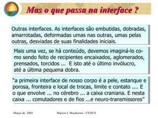 Mas o que passa na interface ?  Març o de . 2005 Marcos L Mucheroni - CEDUS Outras interfaces. As interfaces são embutidas, dobradas,  amarrotadas, deformadas umas nas outras, umas pelas  outras, desviadas de suas finalidades iniciais.  Mais uma vez, se há conteúdo, devemos imaginá-lo co-  mo sendo feito de recipientes encaixados, aglomerados,  prensados, torcidos ...  E isto até o último invólucro,  até a última pequena dobra. “ a primeira interface de nosso corpo é a pele, estanque e  porosa, fronteira e local de trocas, limite e contato .... E  o que envolve ... no cérebro ... a caixa craniana. E nesta  caixa ... comutadores e de fios ...e neuro-transmissores” 