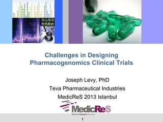11
Challenges in Designing
Pharmacogenomics Clinical Trials
Joseph Levy, PhD
Teva Pharmaceutical Industries
MedicReS 2013 Istanbul
 