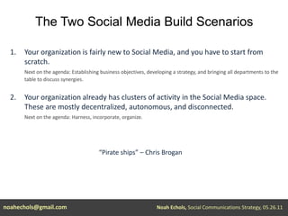 The Two Social Media Build ScenariosYour organization is fairly new to Social Media, and you have to start from scratch. Next on the agenda: Establishing business objectives, developing a strategy, and bringing all departments to the table to discuss synergies.2. 	Your organization already has clusters of activity in the Social Media space. These are mostly decentralized, autonomous, and disconnected. Next on the agenda: Harness, incorporate, organize.“Pirate ships” – Chris Brogannoahechols@gmail.comNoah Echols, Social Communications Strategy, 05.26.11 