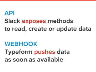 WEBHOOK
Typeform pushes data
as soon as available
API
Slack exposes methods
to read, create or update data
 