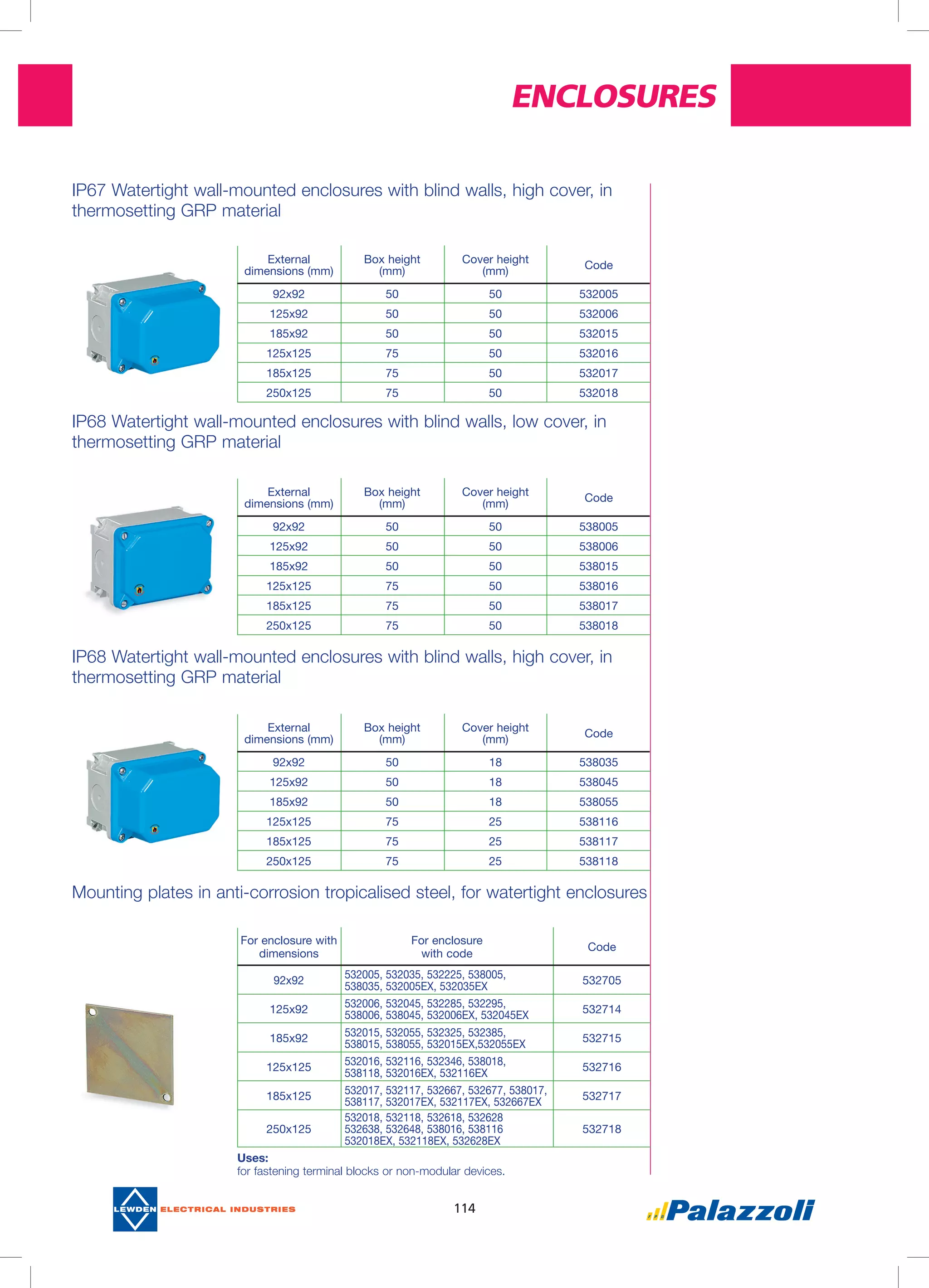 Enclosures
114
For enclosure with
dimensions
For enclosure
with code
Code
92x92
532005, 532035, 532225, 538005,
538035, 532005EX, 532035EX
532705
125x92 532006, 532045, 532285, 532295,
538006, 538045, 532006EX, 532045EX
532714
185x92 532015, 532055, 532325, 532385,
538015, 538055, 532015EX,532055EX
532715
125x125
532016, 532116, 532346, 538018,
538118, 532016EX, 532116EX
532716
185x125 532017, 532117, 532667, 532677, 538017,
538117, 532017EX, 532117EX, 532667EX
532717
250x125
532018, 532118, 532618, 532628
532638, 532648, 538016, 538116
532018EX, 532118EX, 532628EX
532718
External
dimensions (mm)
Box height
(mm)
Cover height
(mm)
Code
92x92 50 50 532005
125x92 50 50 532006
185x92 50 50 532015
125x125 75 50 532016
185x125 75 50 532017
250x125 75 50 532018
External
dimensions (mm)
Box height
(mm)
Cover height
(mm)
Code
92x92 50 50 538005
125x92 50 50 538006
185x92 50 50 538015
125x125 75 50 538016
185x125 75 50 538017
250x125 75 50 538018
External
dimensions (mm)
Box height
(mm)
Cover height
(mm)
Code
92x92 50 18 538035
125x92 50 18 538045
185x92 50 18 538055
125x125 75 25 538116
185x125 75 25 538117
250x125 75 25 538118
IP67 Watertight wall-mounted enclosures with blind walls, high cover, in
thermosetting GRP material
IP68 Watertight wall-mounted enclosures with blind walls, low cover, in
thermosetting GRP material
IP68 Watertight wall-mounted enclosures with blind walls, high cover, in
thermosetting GRP material
Mounting plates in anti-corrosion tropicalised steel, for watertight enclosures
Uses:
for fastening terminal blocks or non-modular devices.
 