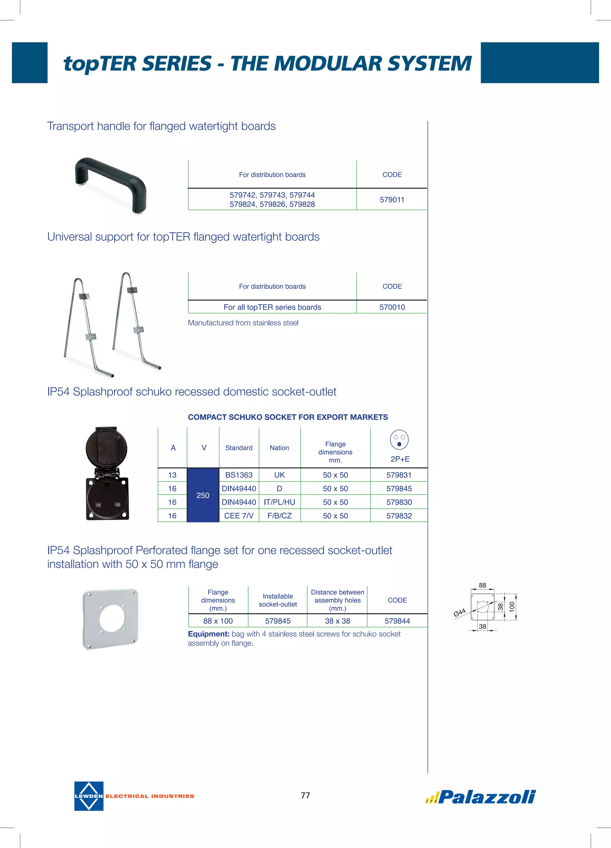 topTER	SERIES	-	ThE	MODULaR	SYSTEM
77
transport handle for flanged watertight boards
Universal support for topteR flanged watertight boards
ip54 splashproof schuko recessed domestic socket-outlet
ip54 splashproof perforated flange set for one recessed socket-outlet
installation with 50 x 50 mm flange
COMPACT SChuKO SOCKET FOR ExPORT MARKETS
Manufactured from stainless steel
Equipment: bag with 4 stainless steel screws for schuko socket
assembly on flange.
For distribution boards CODE
For all topTER series boards 570010
For distribution boards CODE
579742, 579743, 579744
579824, 579826, 579828
579011
A V Standard Nation
Flange
dimensions
mm. 2P+E
13
250
BS1363 UK 50 x 50 579831
16 DIN49440 D 50 x 50 579845
16 DIN49440 IT/PL/HU 50 x 50 579830
16 CEE 7/V F/B/CZ 50 x 50 579832
Flange
dimensions
(mm.)
Installable
socket-outlet
Distance between
assembly holes
(mm.)
CODE
88 x 100 579845 38 x 38 579844
 