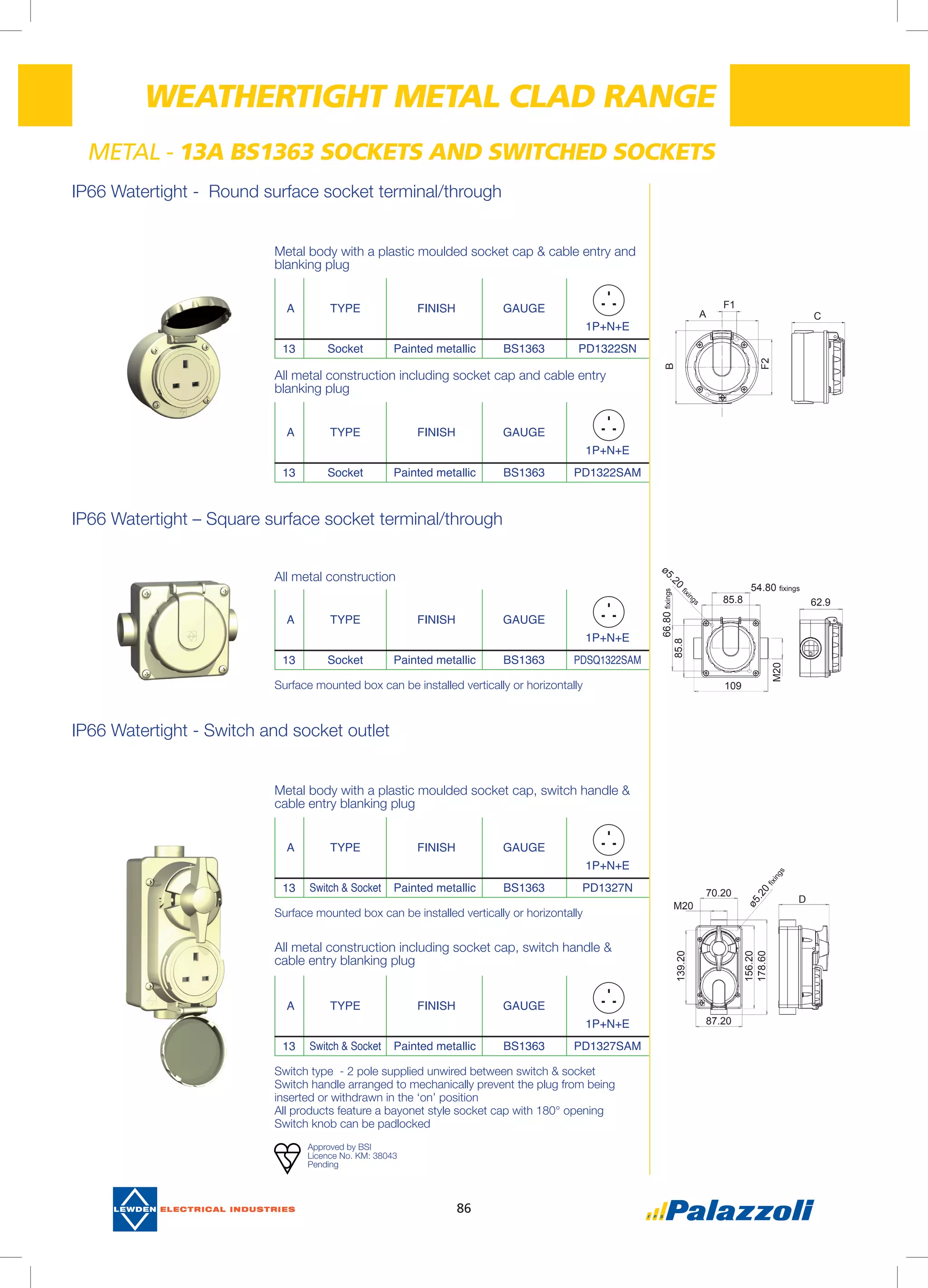 86
IP66 Watertight - Round surface socket terminal/through
IP66 Watertight – Square surface socket terminal/through
IP66 Watertight - Switch and socket outlet
METAL - 13A BS1363 SOCKETS AND SWITCHED SOCKETS
WEATHERTIGHT METAL CLAD RANGE
A TYPE FINISH GAUGE
1P+N+E
13 Socket Painted metallic BS1363 PD1322SN
A TYPE FINISH GAUGE
1P+N+E
13 Socket Painted metallic BS1363 PD1322SAM
A TYPE FINISH GAUGE
1P+N+E
13 Socket Painted metallic BS1363 PDSQ1322SAM
A TYPE FINISH GAUGE
1P+N+E
13 Switch & Socket Painted metallic BS1363 PD1327N
A TYPE FINISH GAUGE
1P+N+E
13 Switch & Socket Painted metallic BS1363 PD1327SAM
Metal body with a plastic moulded socket cap & cable entry and
blanking plug
All metal construction including socket cap and cable entry
blanking plug
Surface mounted box can be installed vertically or horizontally
Surface mounted box can be installed vertically or horizontally
Switch type - 2 pole supplied unwired between switch & socket
Switch handle arranged to mechanically prevent the plug from being
inserted or withdrawn in the ‘on’ position
All products feature a bayonet style socket cap with 180° opening
Switch knob can be padlocked
All metal construction
Metal body with a plastic moulded socket cap, switch handle &
cable entry blanking plug
All metal construction including socket cap, switch handle &
cable entry blanking plug
Approved by BSI
Licence No. KM: 38043
Pending
F1
A C
B
F2
54.80 fixings
ø5.20
fixings
66.80fixings
62.985.8
85.8
109
M20
ø5.20
fixings
70.20
139.20
156.20
178.60
D
87.20
M20
 