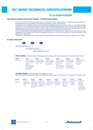 6
IEC 60309 TECHNICAL SPECIFICATIONS
IP CLASSIFICATION
Enclosure Ingress Protection Rating - IP Protection Rating
IP protection rating is the code system used to indicate the levels of protection of casings against the ingress of
hazardous parts or the penetration of solid foreign bodies, and/or water ingress.
According to the installation environment, the level of pollution (presence of dust, metal or non-metal particles,
humidity etc) or the presence of water, an electric device protected by enclosure may encounter penetration of solid
bodies and/or water inside the enclosure and this can come into contact with live parts, generating hazards and/or
undesired phenomena such as ground current, tracking, electrical arcing, short circuits etc.
For this reason Product Standards foresee the verification of the IP protection rating (in some cases the minimum
threshold is also stated) and the Plant Regulations require the minimum IP protection rating according to the
installation environment.
Furthermore, the IP protection rating allows the implementation of protection for persons against direct contact.
IP Code structure    
First figure: protection against the ingress of hazardous parts and the penetration of solid foreign bodies
SECOND figure: protection against the ingress of water
Up to the second characteristic figure 6 included, the higher figure includes also the conformity to the lower one.
IP 6 6
International Protection
First digit from 0 to 6
Second digit from 0 to 8
IP 0X  
No protection
IP 1X  
Protection against
access to dangerous
parts by the back of
the hand.
Protection against
solid foreign objects
with a diameter
of 50 mm.
IP 2X  
Protection against
access to dangerous
parts by fingers.
IP 3X  
Protection against
access to dangerous
parts with tools
(e.g. screwdriver).
IP 4X  
Protection against
solid foreign objects
with a diameter
of 2.5 mm.
Protection against
access to dangerous
parts with a wire.
IP 5X  
Protection against
solid foreign objects
with a diameter
of 1 mm.
Protection against
the damaging
penetration of dusts.
IP 6X  
Complete protection
against dust.
(dust cannot
penetrate.)
IP X0  
No
protection
IP X1
Protection
against vertical
falling drops of
water.
IP X2
Protection
against vertically
falling drops of
water with an
enclosure angled
up to 15°.
IP X3
Protection
against rain.
(at up to 60°
difference to the
vertical).
IP X4
Protection
against splashed
water (from all
directions).
IP X5
Protection
against jets of
water (from all
directions).
IP X6
Protection
against powerful
jets of water
(from all
directions).
IP X7
Protection from
damage by
temporary
immersion.
IP X8
Protection from
damage by
continuous
immersion,
in conditions
agreed between
the manufacturer
and the user.
 