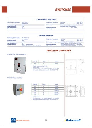 96
 isolator SWITCHES
IP40 3Phase isolator
IP40 4Pole metal isolator
AMPS POLES CODE
32 3 S323P
63 3 S633P
100 3 S1003P
125 3 S1253P
250 3 S2503P
AMPS POLES CODE
32 4 M324P
SWITCHES
•	Toggle style operating handle
•	AC22A rated
•	Can be locked in ‘off’ position (padlock not included)
•	 Manufactured in accordance with BS EN609 47-3
•	AC22A rated
•	Can be locked in ‘off’ position (padlock not included)
•	 Manufactured in accordance with BS EN609 47-3
3 Phase ISOLATOR
Conformity to Standards:	 BS EN 60947-3	
	 BS EN 60529	
Protection rating:	 IP65
Impact resistance: 	 IK08
Self extinguishing:	 V0
Breaker category	 AC21	 Resistive loads		
	 AC22A	 Mixed resistive & inductive loads	
	
Temperature resistance:	 Operating		 -30 to +50°C
	 Storage			 -40 to +80°C
Cable entry - gland plate 	 GLAND PLATE ON BOTTOM			
	 S2503P -GLAND PLATE TOP AND BOTTOM	 	
Connecting sections	 S323P/S633P/S1003P/S1253P 	 max: 35mm2
of the wires	 S2503P (M8 BOLT CONNECTION)	max: 50mm2
4 POLE METAL ISOLATOR
Conformity to Standards:	 BSEN 60947-3	
	 BS EN 60529	
Protection rating:	 IP65
Impact resistance: 	 IK 08			
Self extinguishing:	 V0
Breaker category:	 AC22A
Temperature resistance:	 Operating		 -30 to +50°C
	 Storage			 -40 to +80°C
Cable entry 	 20mm knockouts top, bottom and sides		
	 unit can be locked in OFF position		
Connecting sections	 		 max: 35mm2
of the wires	
 