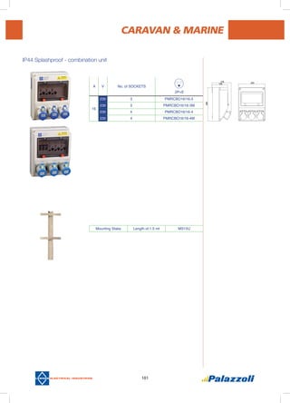 101
A V No. of SOCKETS
2P+E
16
230 3 PMRCBO16/16-3
230 3 PMRCBO16/16-3M
230 4 PMRCBO16/16-4
230 4 PMRCBO16/16-4M
IP44 Splashproof - combination unit
CARAVAN & MARINE
Mounting Stake Length of 1.5 mt MS15U
 