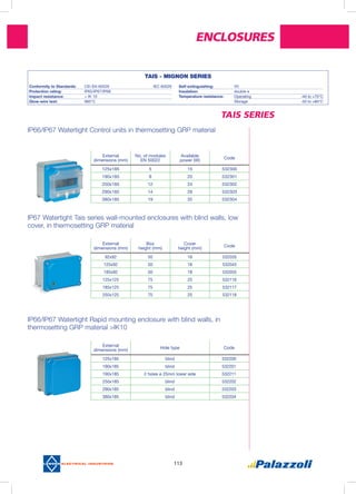 Enclosures
113
TAIS SERIES
External
dimensions (mm)
No. of modules
EN 50022
Available
power (W)
Code
125x185 5 15 532300
190x185 8 20 532301
250x185 12 24 532302
290x185 14 28 532303
380x185 19 35 532304
External
dimensions (mm)
Box
height (mm)
Cover
height (mm)
Code
92x92 50 18 532035
125x92 50 18 532045
185x92 50 18 532055
125x125 75 25 532116
185x125 75 25 532117
250x125 75 25 532118
External
dimensions (mm)
Hole type Code
125x185 blind 532200
190x185 blind 532201
190x185 2 holes ø 25mm lower side 532211
250x185 blind 532202
290x185 blind 532203
380x185 blind 532204
IP66/IP67 Watertight Control units in thermosetting GRP material
IP67 Watertight Tais series wall-mounted enclosures with blind walls, low
cover, in thermosetting GRP material
IP66/IP67 Watertight Rapid mounting enclosure with blind walls, in
thermosetting GRP material >IK10
TAIS - MIGNON SERIES
Conformity to Standards: 	 CEI EN 60529			 IEC 60529
Protection rating:	 IP65/IP67/IP68
Impact resistance: 	 > IK 10
Glow-wire test:	 960°C
Self-extinguishing:	 V0
Insulation:	 double e		
Temperature resistance:	 Operating			-40 to +70°C
	 Storage			-50 to +80°C
 